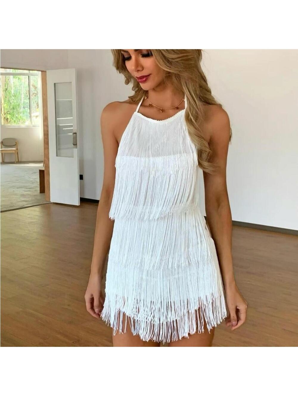 White Tassel Backless Halter Romper